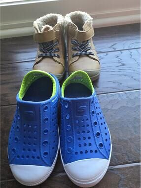 Toddler Shoe Bundle: Tan Faux Leather Winter Boots with Fleece Lining & Sketcher